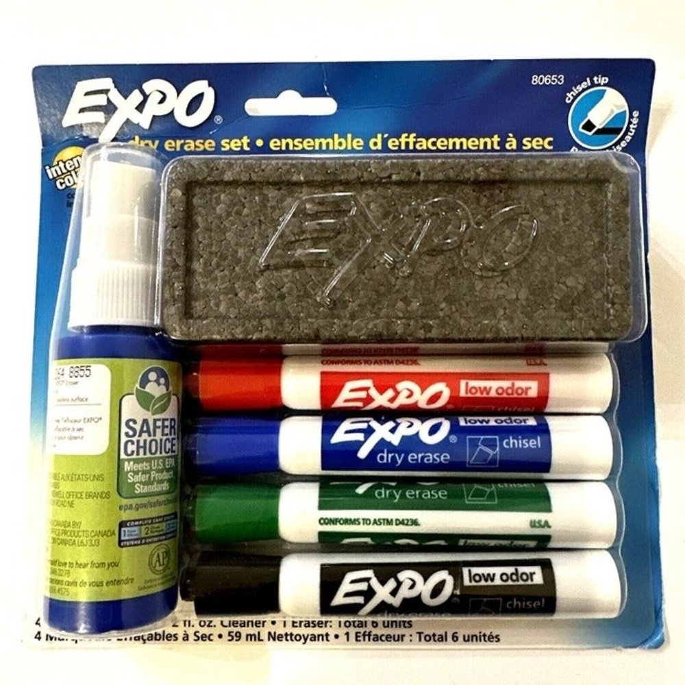 Low Odor Dry Erase Set : 4 Markers, White Board Eraser, Cleaner Spray NEW SEALED
